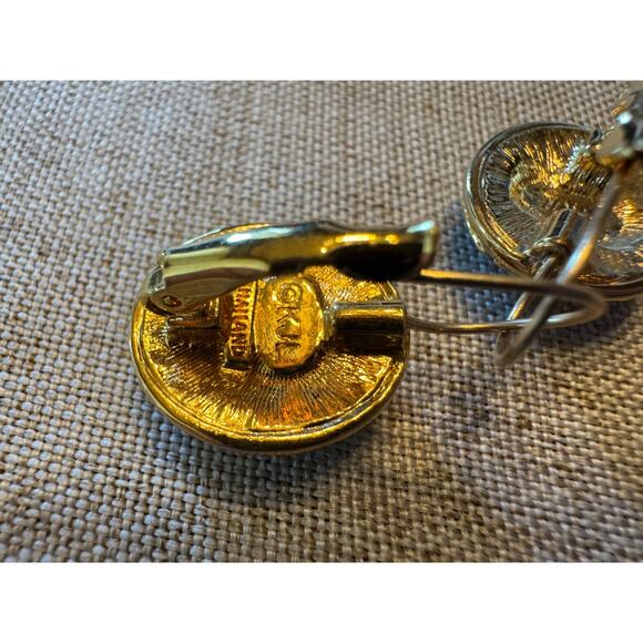 Vintage KJL Black Earrings Enamel Clear Crystal Gold Plated Pierced - Picture 4 of 5